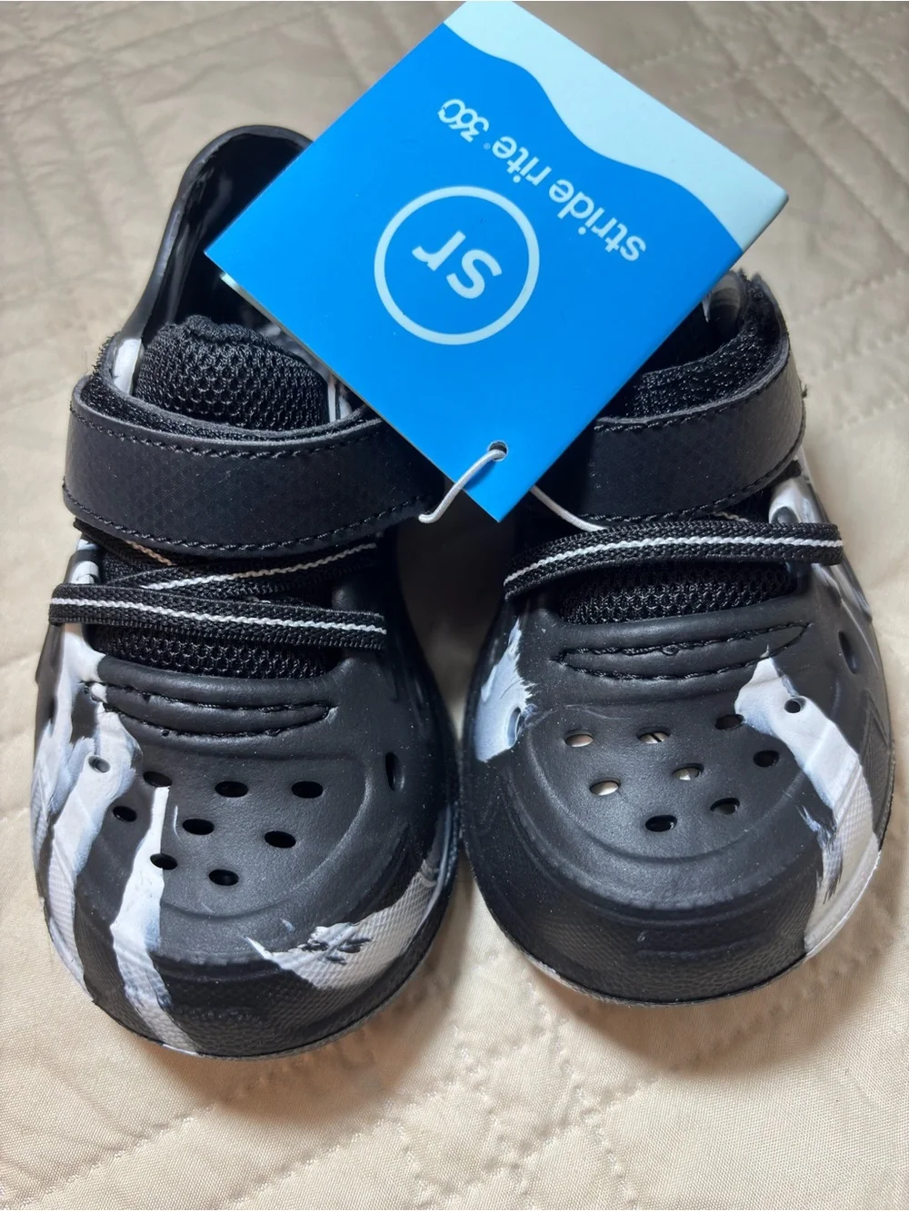 Stride Rite 7M Black and White Slip-On Sandals with Velcro Strap